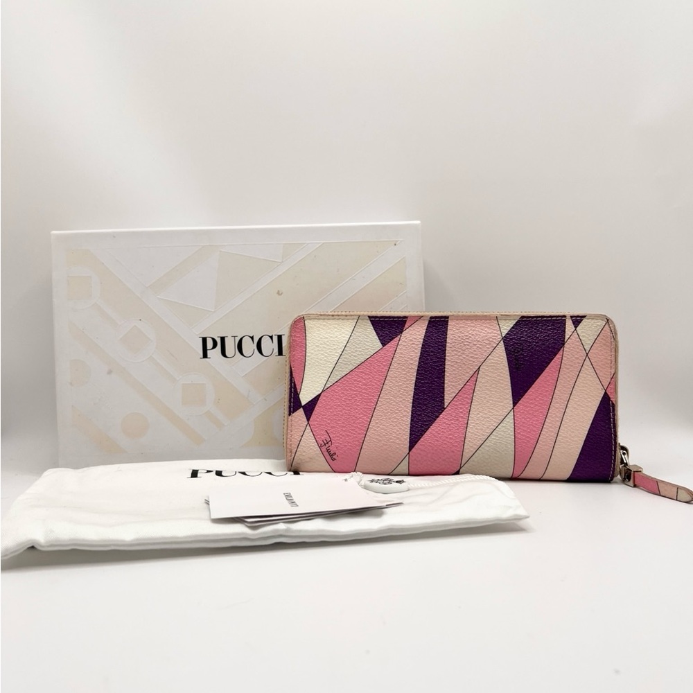 Authentic Emilio PUCCI Multicolor Pink Purple Leather Zip Wallet FULL INCLUSION